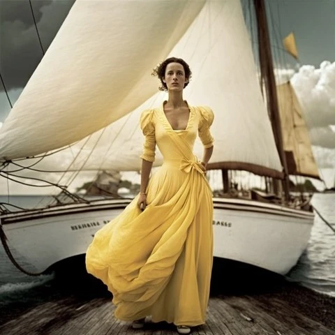 Woman in yellow dress standing on pier with sailboat. Outdoor shot of adult female in elegant gown with a vintage boat, water background.