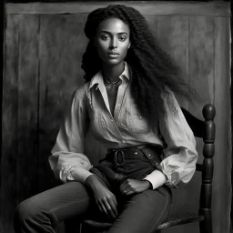 Portrait of a Black woman with long dark wavy hair seated on a wooden chair, wearing a button-down shirt and trousers.