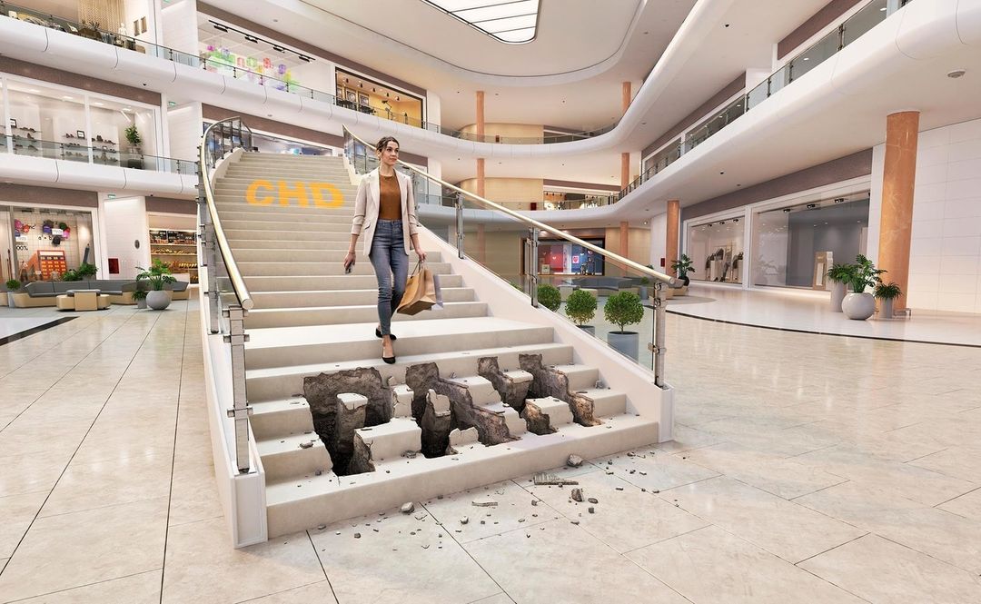 Woman walking down damaged stairs in a shopping mall. Wearing a blazer and jeans, she carries a phone and a shopping bag.