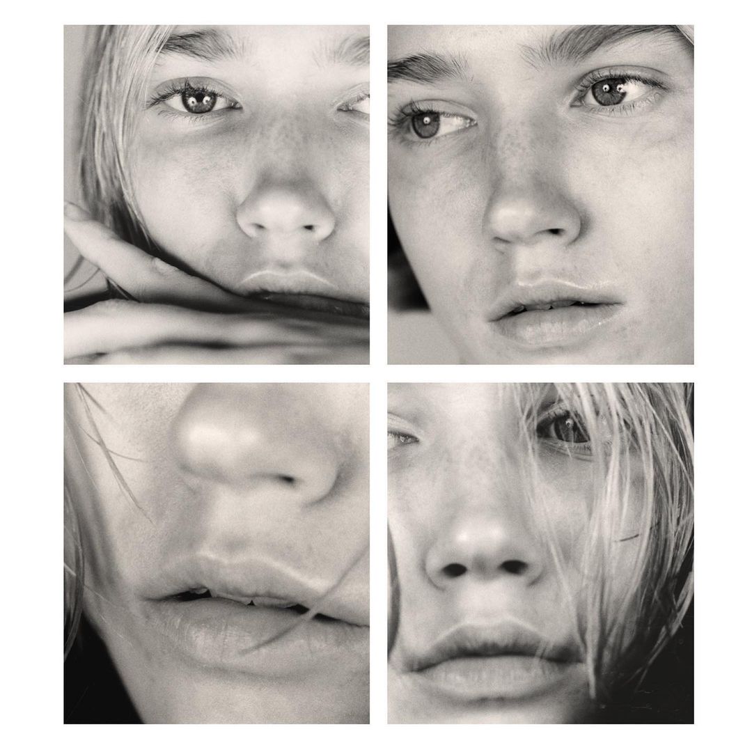 Monochrome close-up portrait of a young, fair-skinned woman's face, divided into four quadrants, emphasizing her eyes and complexion.