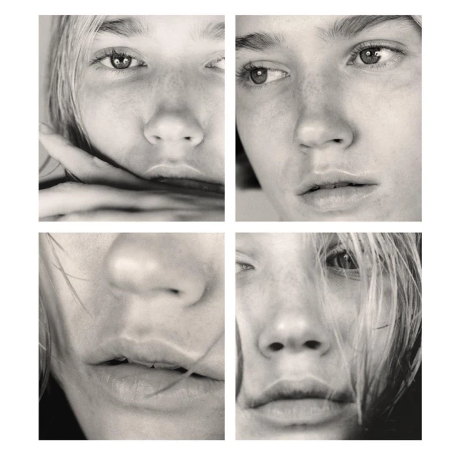Monochrome close-up portrait of a young, fair-skinned woman's face, divided into four quadrants, emphasizing her eyes and complexion.