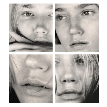 Monochrome close-up portrait of a young, fair-skinned woman's face, divided into four quadrants, emphasizing her eyes and complexion.