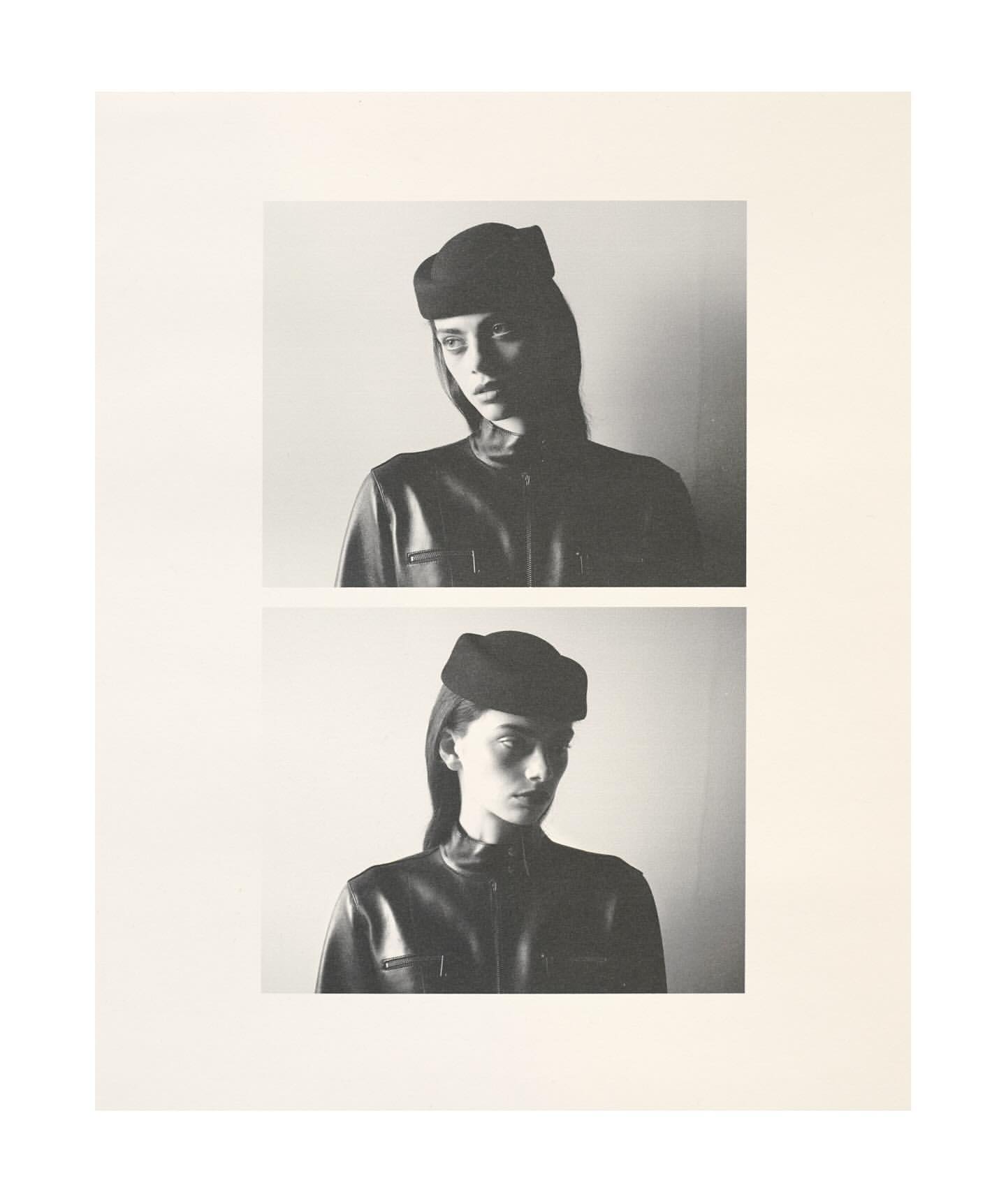 Monochrome portrait of a woman with a hat and jacket, displayed in two repeated shots, emphasizing a vintage and minimalist aesthetic.