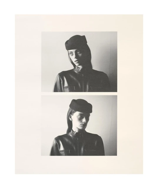 Monochrome portrait of a woman with a hat and jacket, displayed in two repeated shots, emphasizing a vintage and minimalist aesthetic.