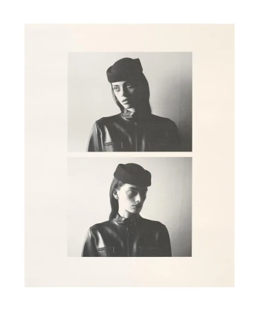 Black and white portrait of a woman wearing a structured dark jacket and cap in two stacked frames by Andy Harrington.