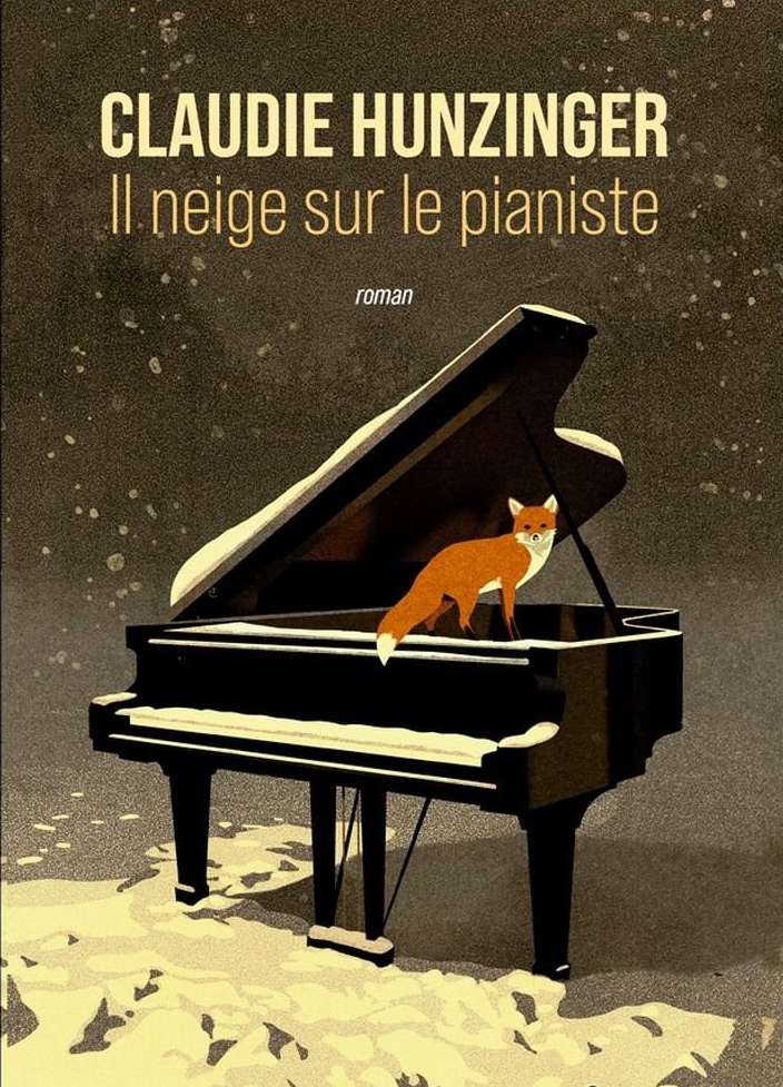 Book cover illustration of an upright black grand piano and orange fox on a snow-covered surface with white speckled beige background.