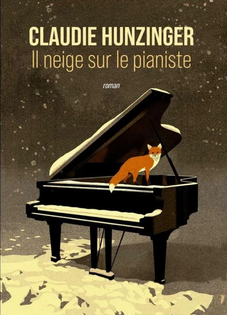 Book cover illustration of an upright black grand piano and orange fox on a snow-covered surface with white speckled beige background.