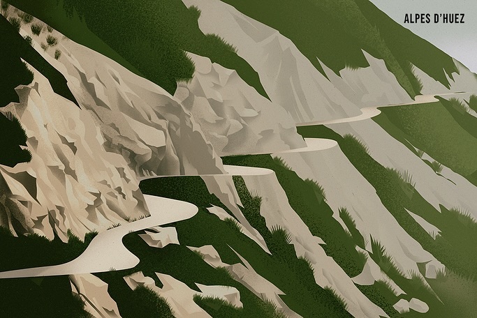 Illustration of a winding road through a mountainous landscape with green vegetation and rocky cliffs, evoking a sense of travel and adventure.