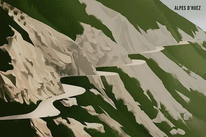 Illustration of a winding road through a mountainous landscape with green vegetation and rocky cliffs, evoking a sense of travel and adventure.