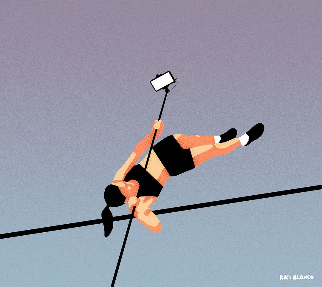 Illustration of a female athlete doing a pole vault while holding a cell phone on a selfie stick with a light purple background.