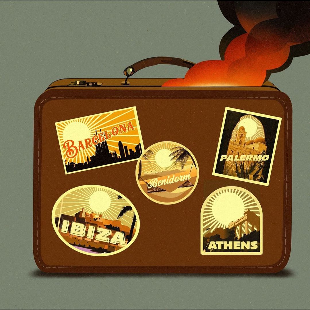 Illustration of a brown suitcase with travel stickers featuring destinations like Barcelona, Ibiza, Palermo, Athens, and Benidorm.