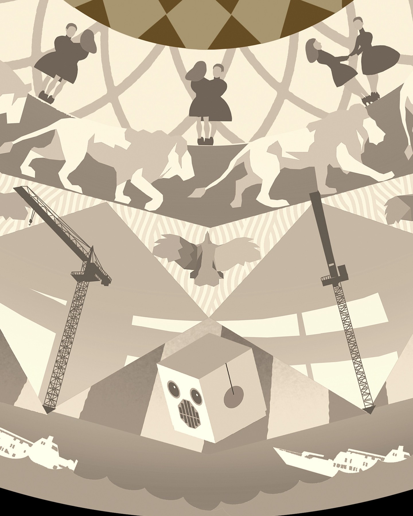 Stylized illustration of figures, animals, and industrial elements in shades of beige, tan, and brown with geometric motifs.