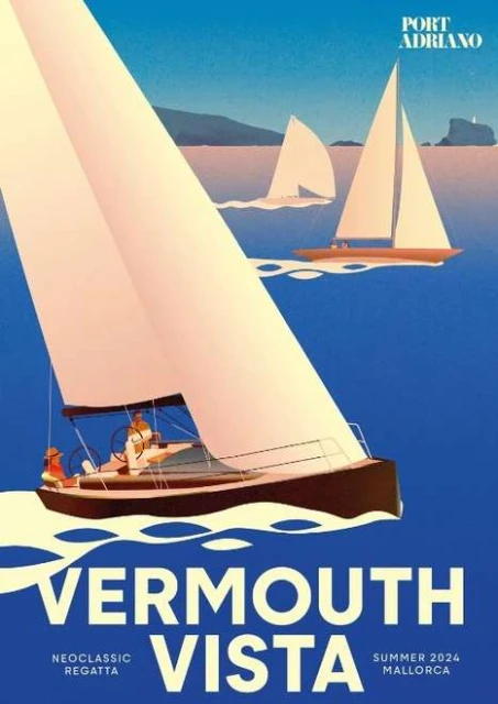 Illustration of sailboats on the water with the text 'Vermouth Vista Neoclassic Regatta Summer 2024 Mallorca' over a blue background.