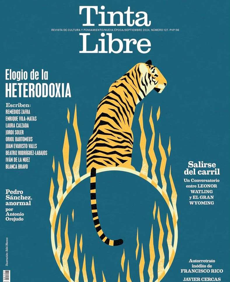 Magazine cover art featuring a stylized tiger sitting on a ring of fire against a teal backdrop with title text and names.