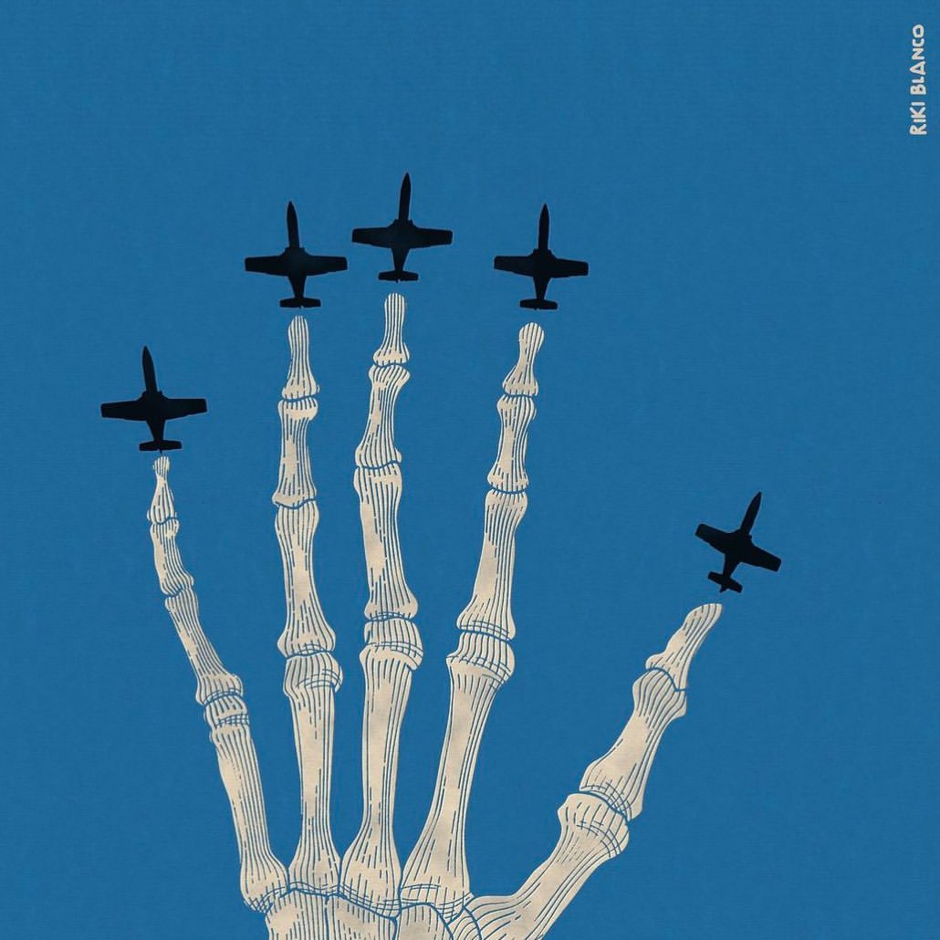 Illustration of a skeletal hand with airplanes attached to the fingertips against a blue background, art by Rki Blanco.