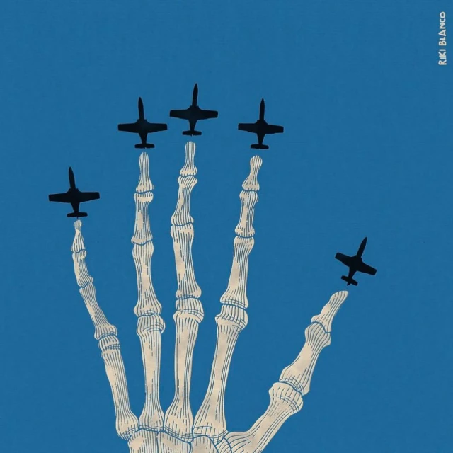 Illustration of a skeletal hand with airplanes attached to the fingertips against a blue background, art by Rki Blanco.