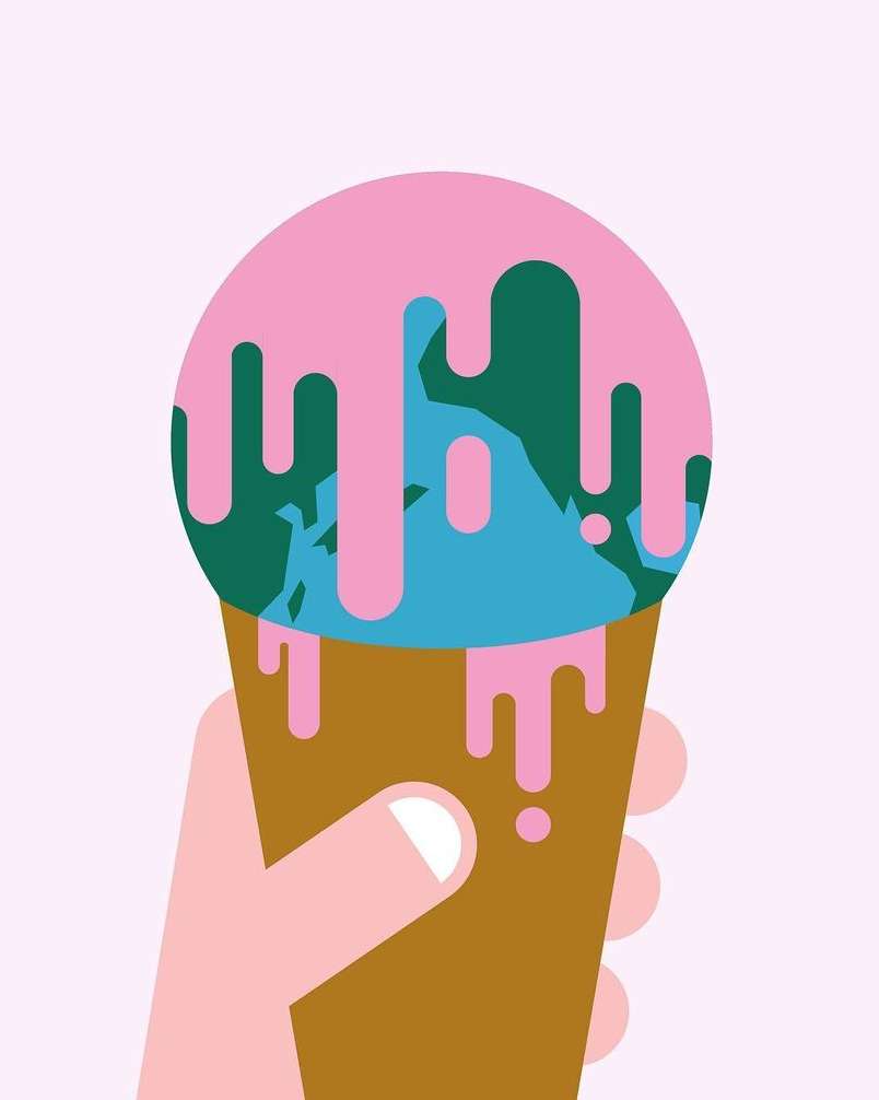 Global warming art concept: An illustration of a melting globe as ice cream in a cone held by a hand against a light pink backdrop.