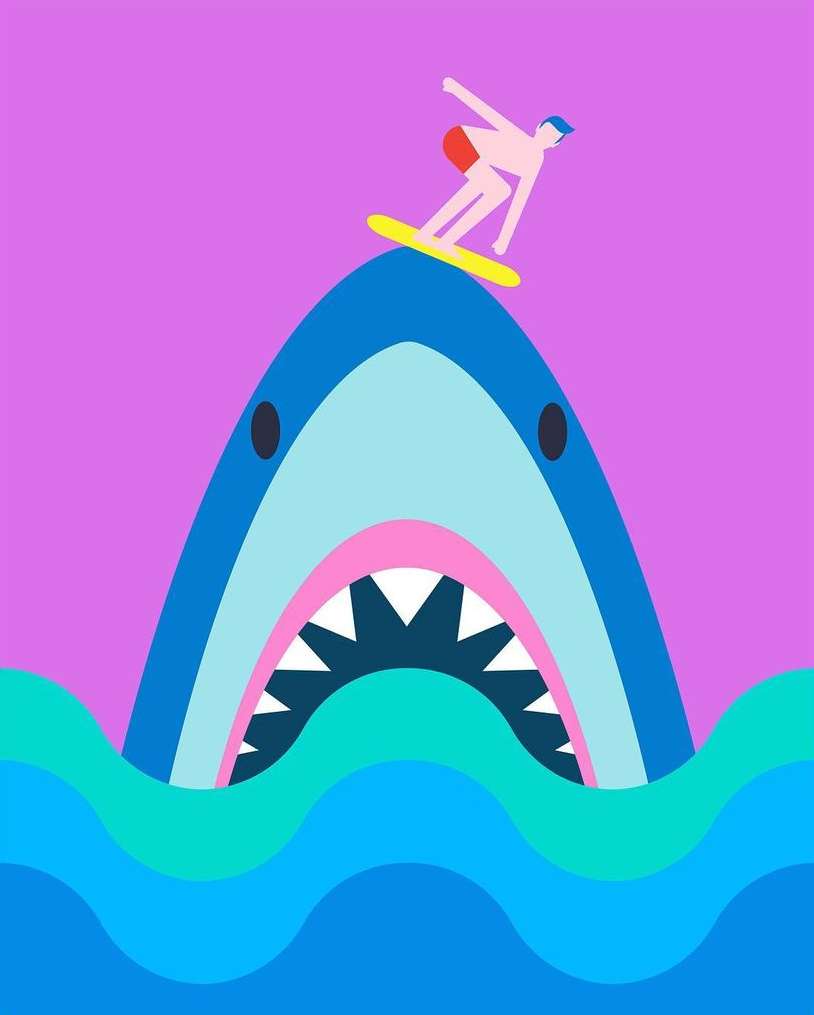 Whimsical vector art of a surfer on a yellow surfboard riding over a giant blue cartoon shark against a purple background.