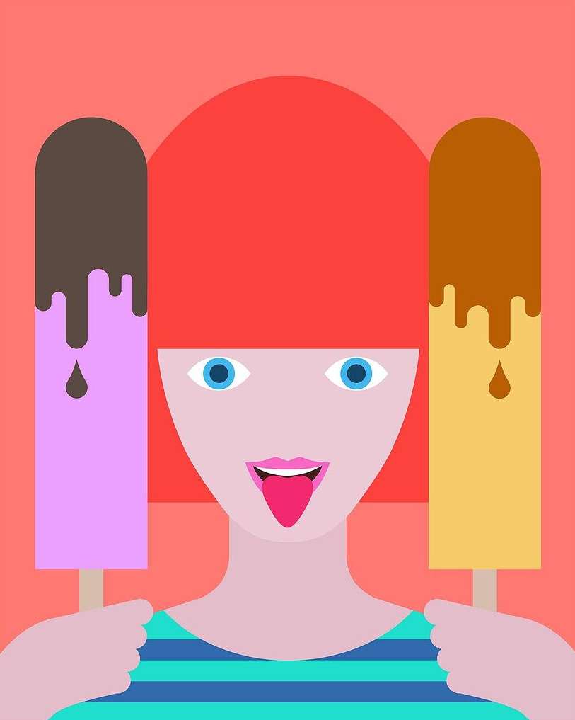 Stylized vector art of a woman with red hair holding two popsicles with dripping chocolate on a red background.