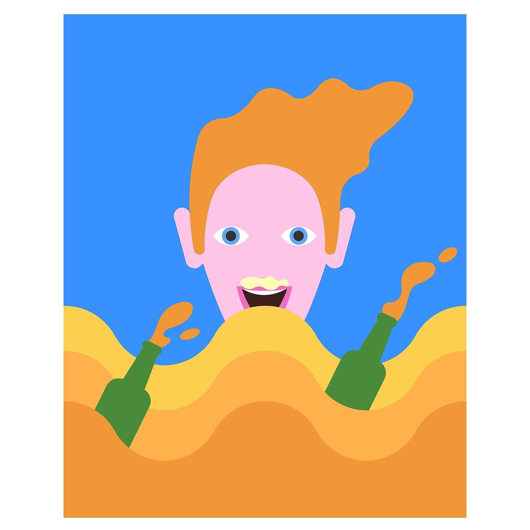 Stylized art shows a person with orange hair and blue eyes smiling behind a sea of orange waves, with green bottle props.