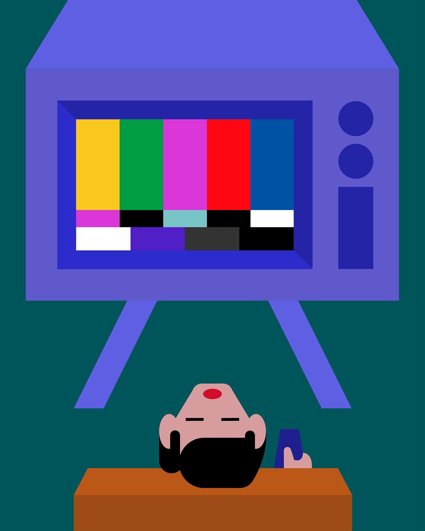 Cartoon-style illustration of a person watching a vintage television broadcasting color bars on a teal background.