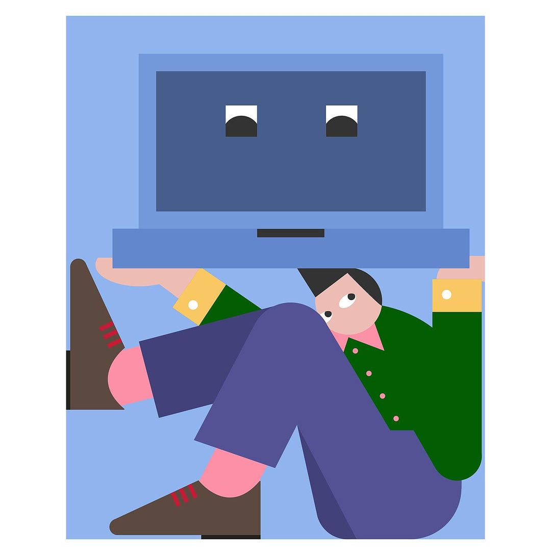Illustration of a person crouched under a large laptop with a square monitor featuring a minimalist smiley face on a light blue background.