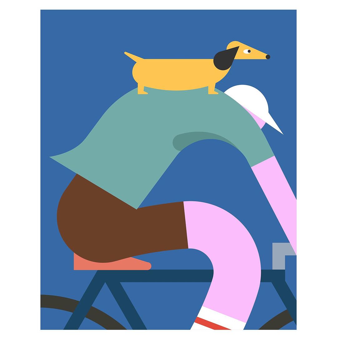 Illustration of a person riding a bicycle with a dog on their back against a dark blue background in a modern, minimalist style.