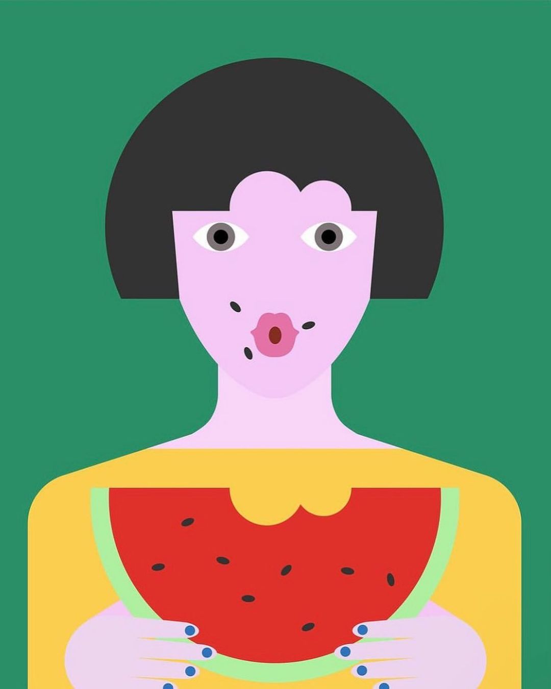 Illustration of a person holding a watermelon slice. The digital painting has a flat aesthetic and simple block colors and shapes.