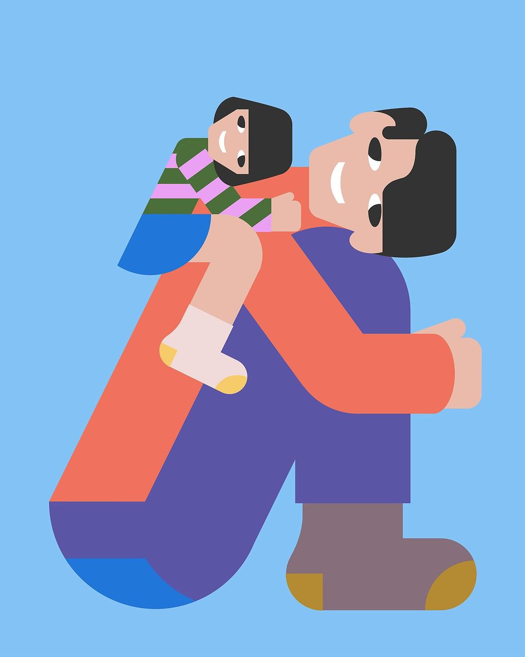 Illustration of a father embracing his child, who is on his back, both smiling, set against a light blue backdrop.