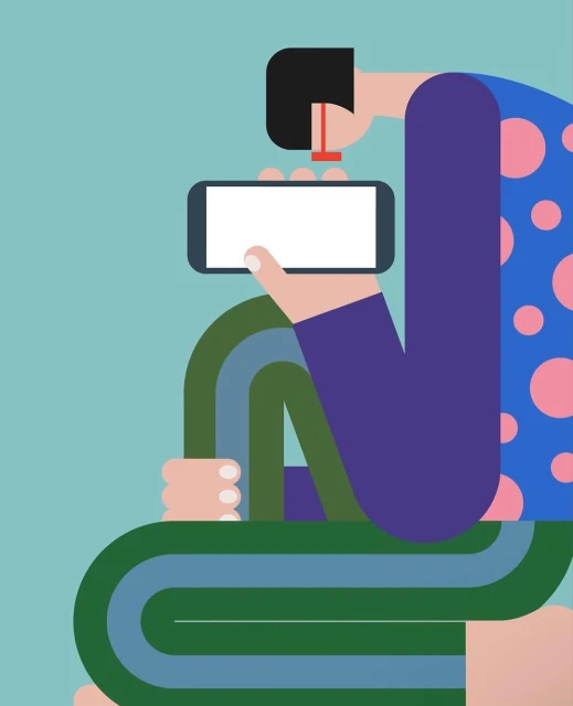 Illustration of an individual with dark hair holding a smartphone with a white screen while seated, against a light teal background.