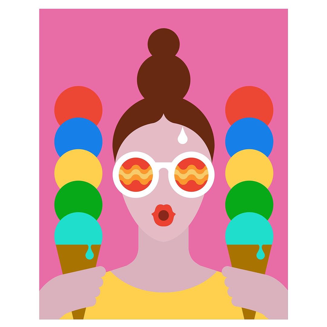 Illustration of a person with hair in a bun and round sunglasses, holding ice cream cones with colorful scoops on a pink background.