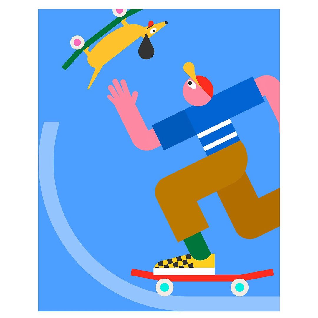 Illustration of a person riding a red skateboard with a yellow dog riding a green skateboard over a blue halfpipe ramp.