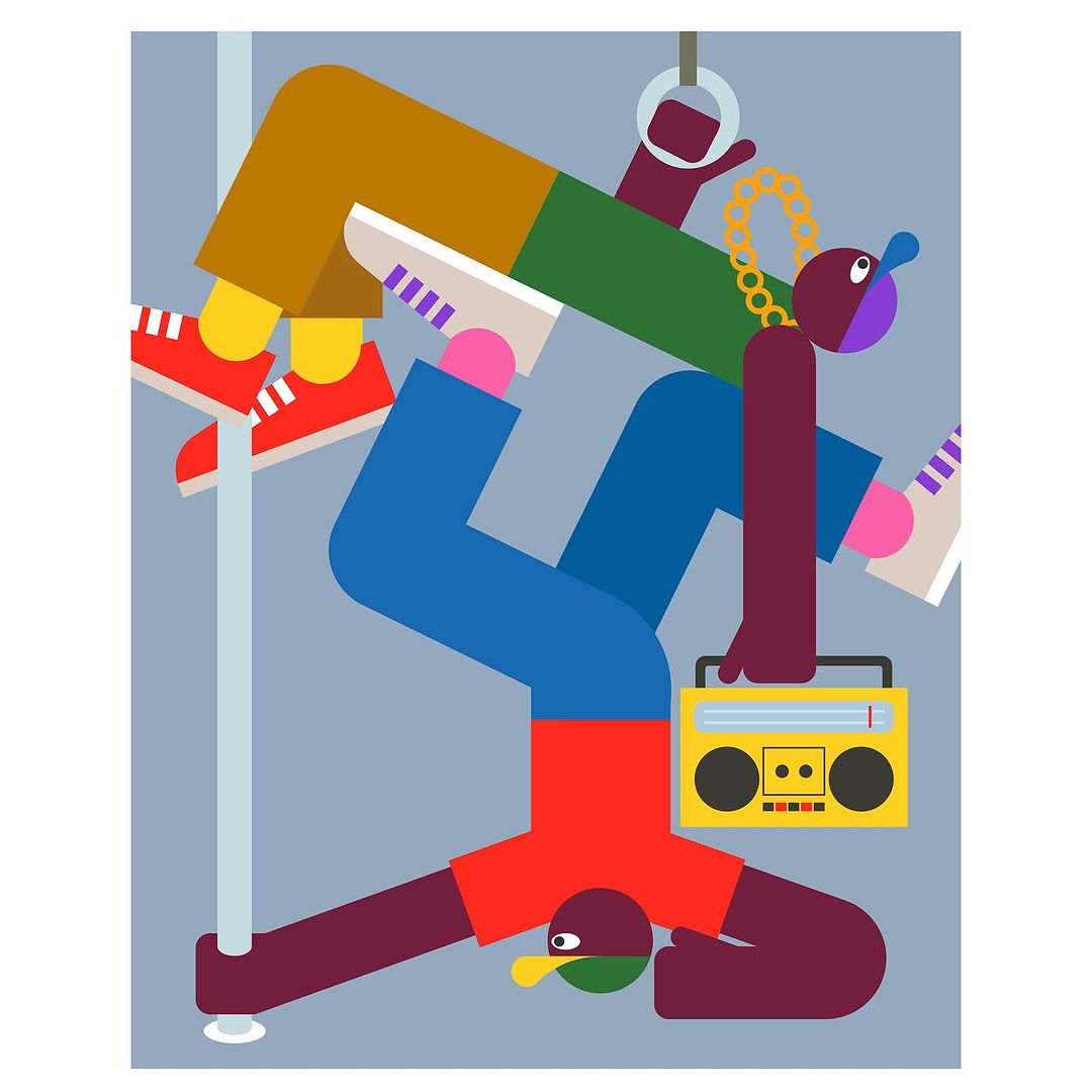 Whimsical vector art of two stylized figures in colorful clothing, one hanging from a subway pole and the other from an overhead ring.