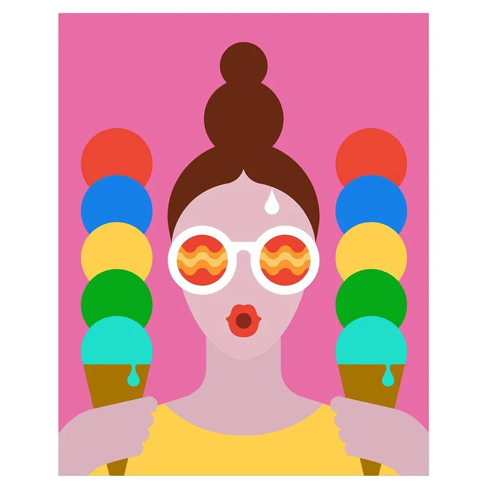 Digital vector illustration of a woman wearing round sunglasses holding two stacks of colorful ice cream cones by Andy Huang.