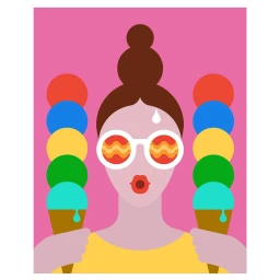Digital vector illustration of a woman wearing round sunglasses holding two stacks of colorful ice cream cones by Andy Huang.