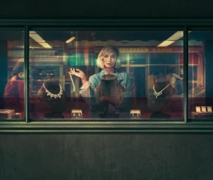 Blonde woman wearing denim jacket standing behind jewellery shop window displaying necklaces on stands