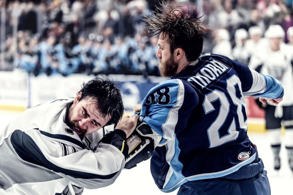 Two male ice hockey players in uniforms engaged in a physical altercation during a game, with a blurred crowd in the background.