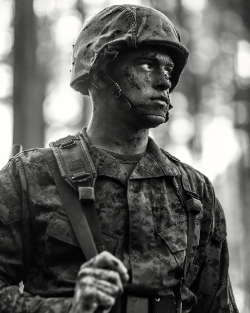 Monochrome portrait of a serious soldier in camouflage uniform and helmet with mud on his face, outdoors in a wooded area.
