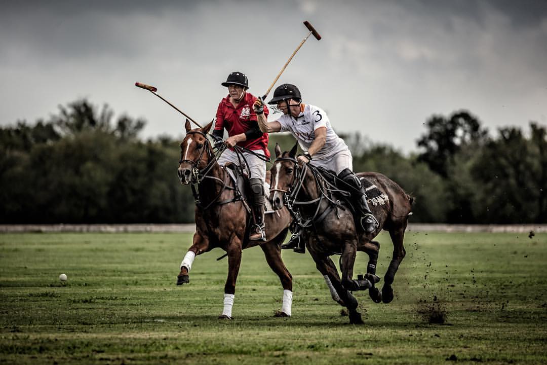 Two polo players riding horses in an outdoor match on a green field. One raises his mallet, with a cloudy sky overhead.