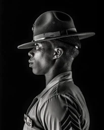Black man in profile wearing a military campaign hat and uniform against a stark dark background