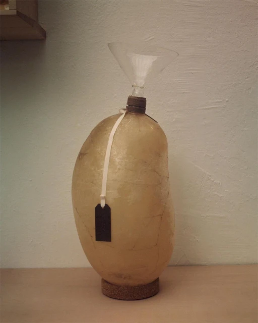 Still life of a decorative vase with a funnel on top, showcasing unique craftsmanship and design in an indoor setting on a table.