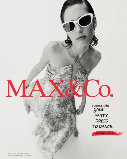 Fashion-forward woman in patterned dress and white sunglasses poses against a white background, with 'Max & Co.' logo in red.