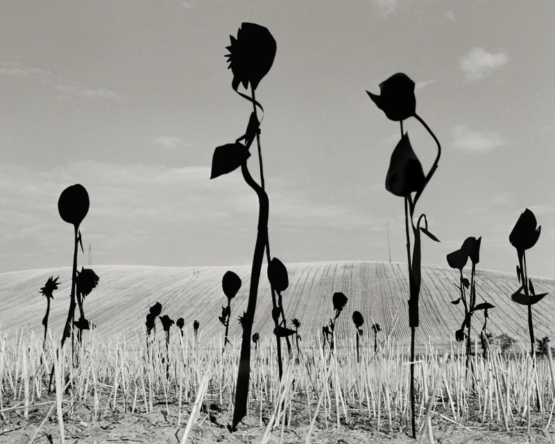Black and white landscape with metal flower art silhouettes in a field of wheat stubble against a rolling hill and cloudy sky.