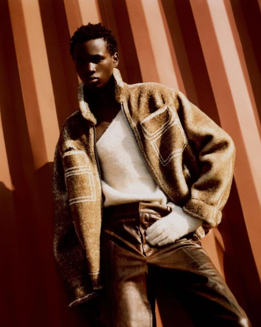 A fashion shot of a Black male model in a bomber jacket, white sweater, and brown leather pants against a copper wall with diagonal shadows.