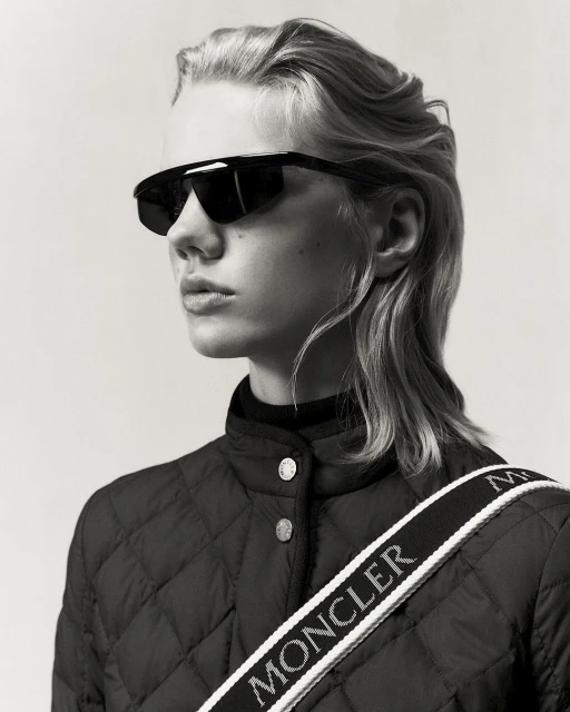 Monochrome portrait of a young woman with light blonde hair wearing sunglasses and a quilted jacket with a branded strap.
