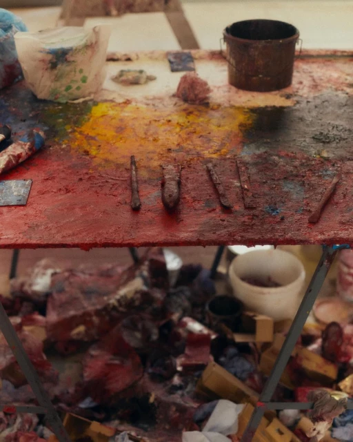 Art studio workbench featuring various tools and paint supplies, paint-covered surface with bucket and artist's utensils in a cluttered space.