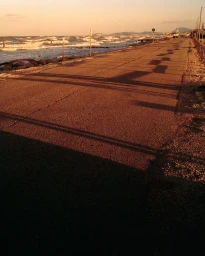 A paved coastal road beside a choppy sea at sunset, casting long dark shadows across the asphalt.