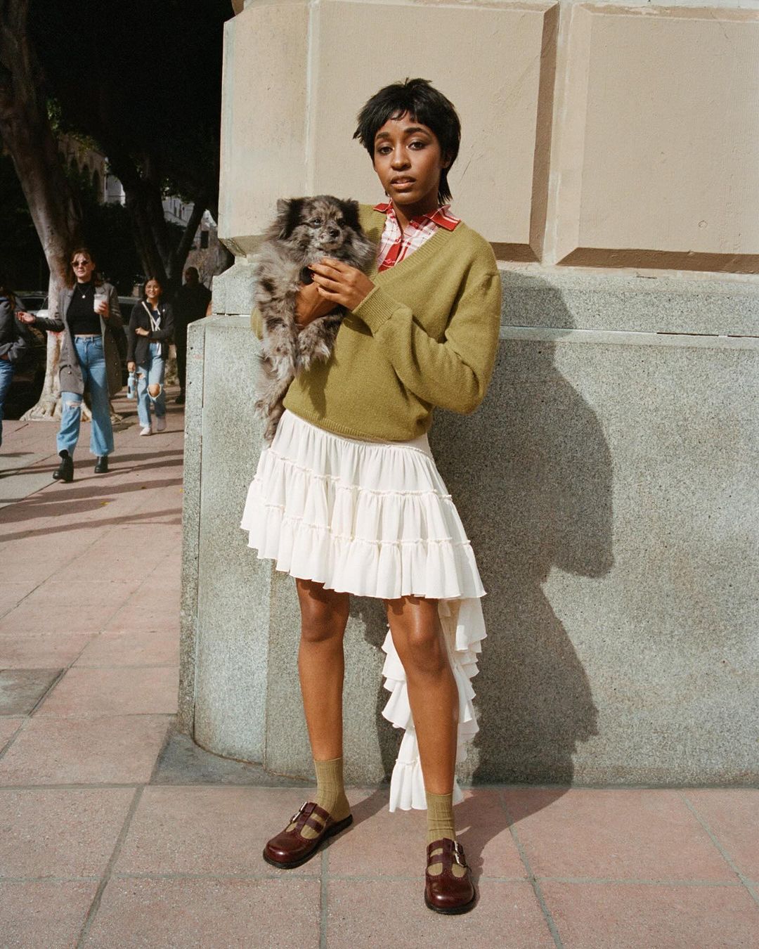 A woman in a sweater and ruffled skirt holds a dog outside, with pedestrians walking in the background in an urban setting.