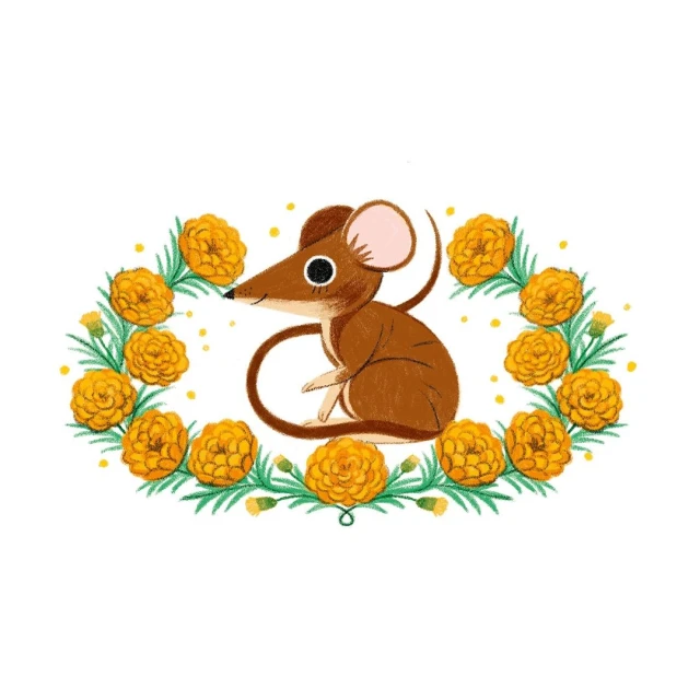 Illustration of a brown mouse sitting surrounded by a wreath of yellow marigold flowers and green leaves on a white background.