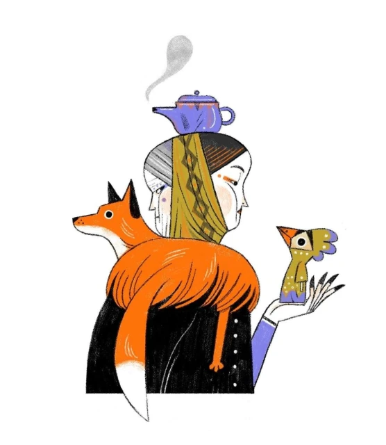 Whimsical illustration of a woman with a fox stole, balancing a teapot on her head and holding a bird figurine in a hand with long fingernails.